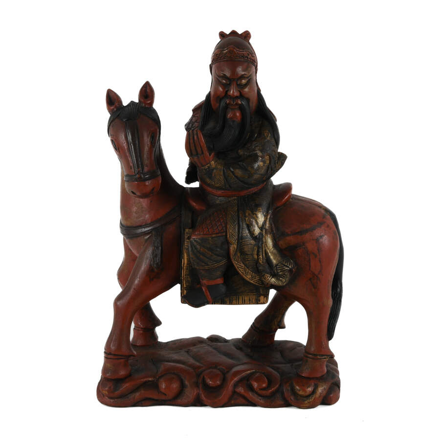 Carved Wood Guan Gong on Horse Sculpture-1