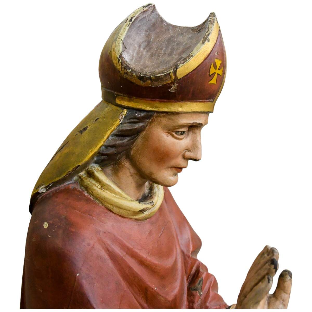 Carved Wooden Polychrome Bishop in Red Robes-12