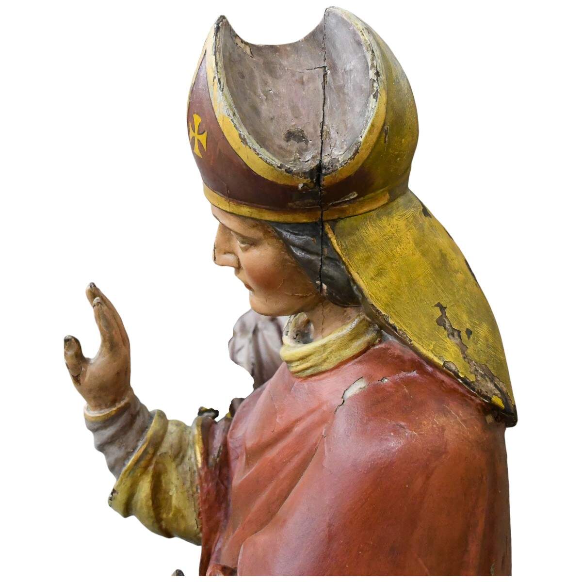 Carved Wooden Polychrome Bishop in Red Robes-11