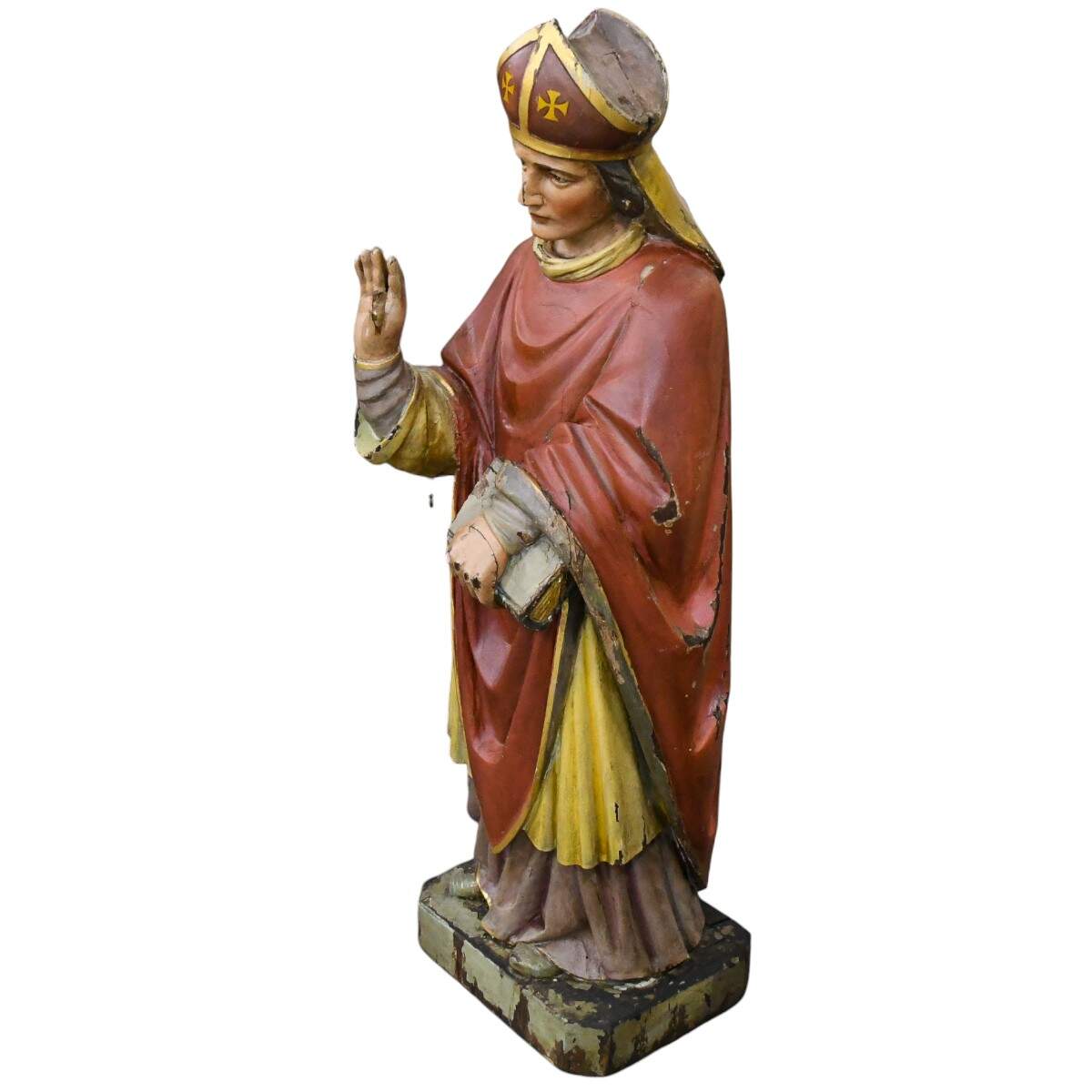 Carved Wooden Polychrome Bishop in Red Robes-2