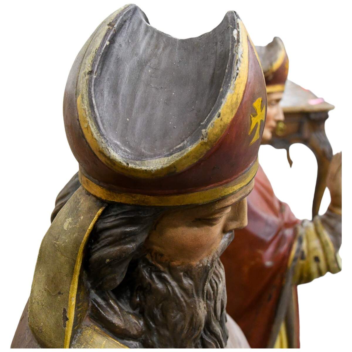 Carved Wooden Polychrome Bearded Bishop in Grey Robes-11