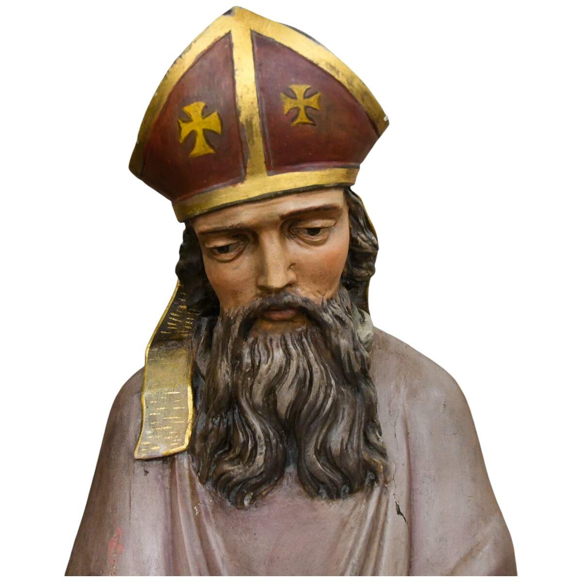 Carved Wooden Polychrome Bearded Bishop in Grey Robes-7