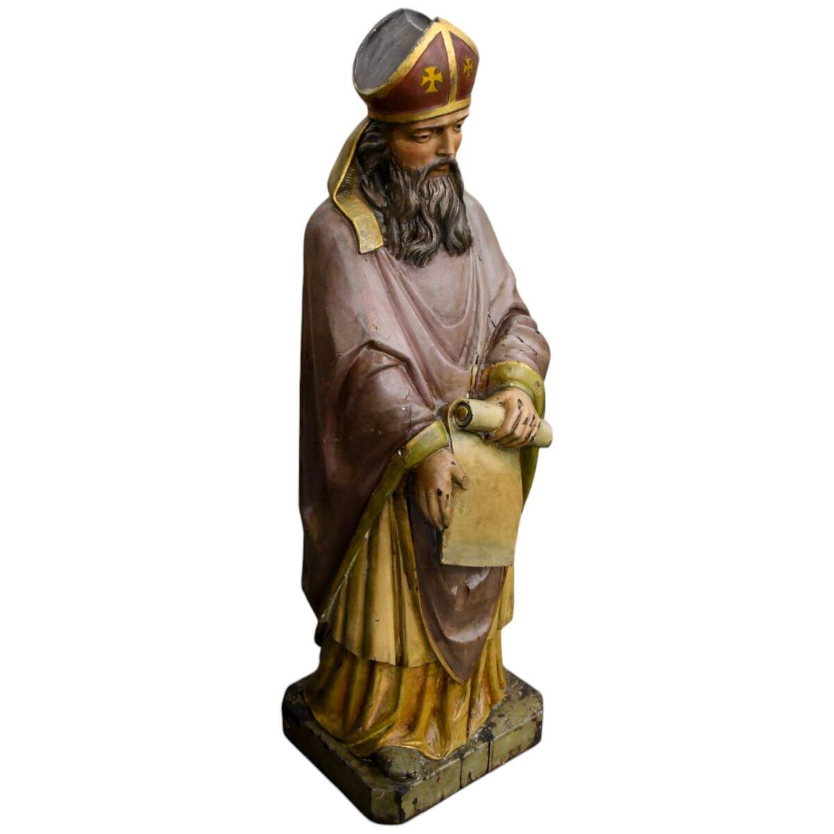 Carved Wooden Polychrome Bearded Bishop in Grey Robes-2
