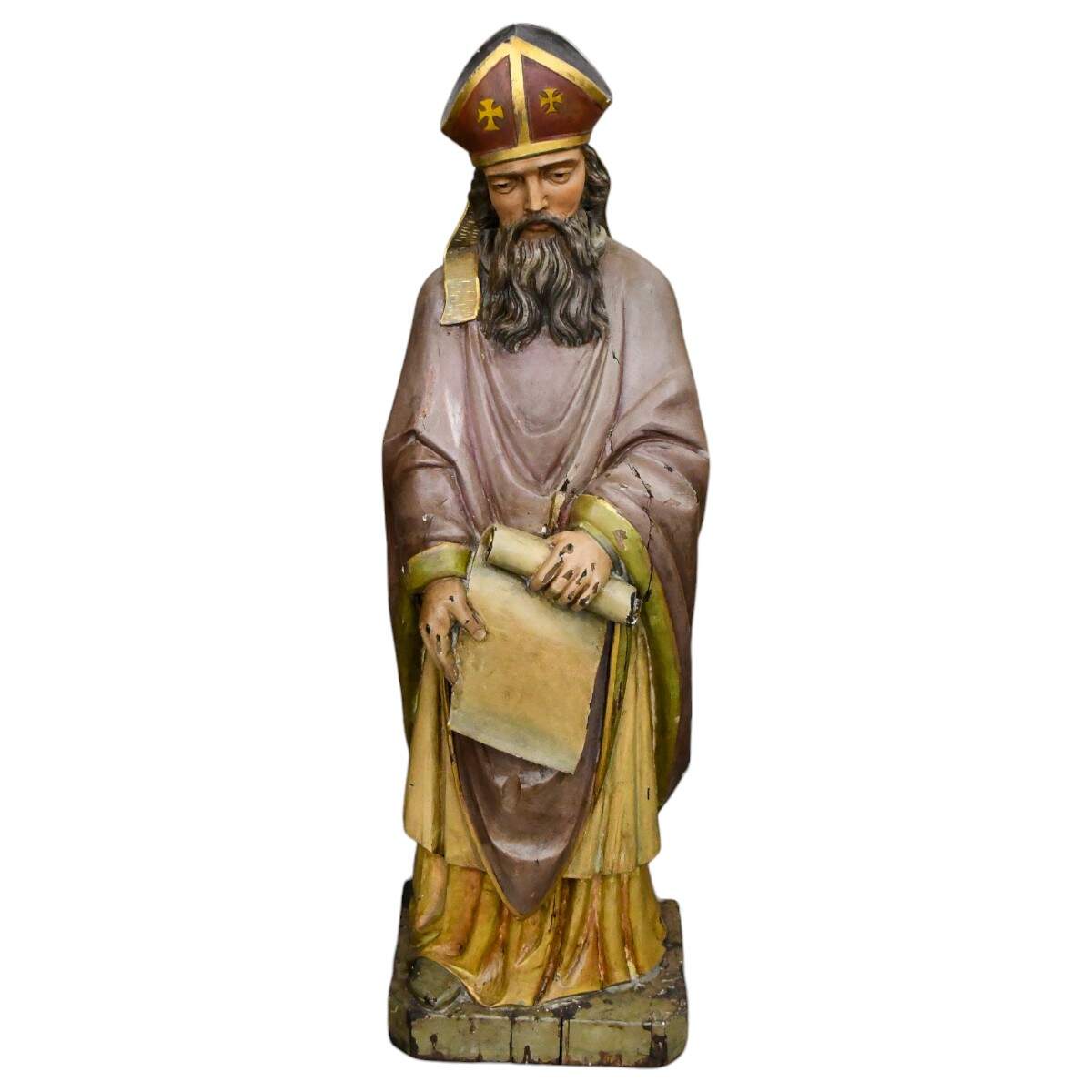 Carved Wooden Polychrome Bearded Bishop in Grey Robes-1