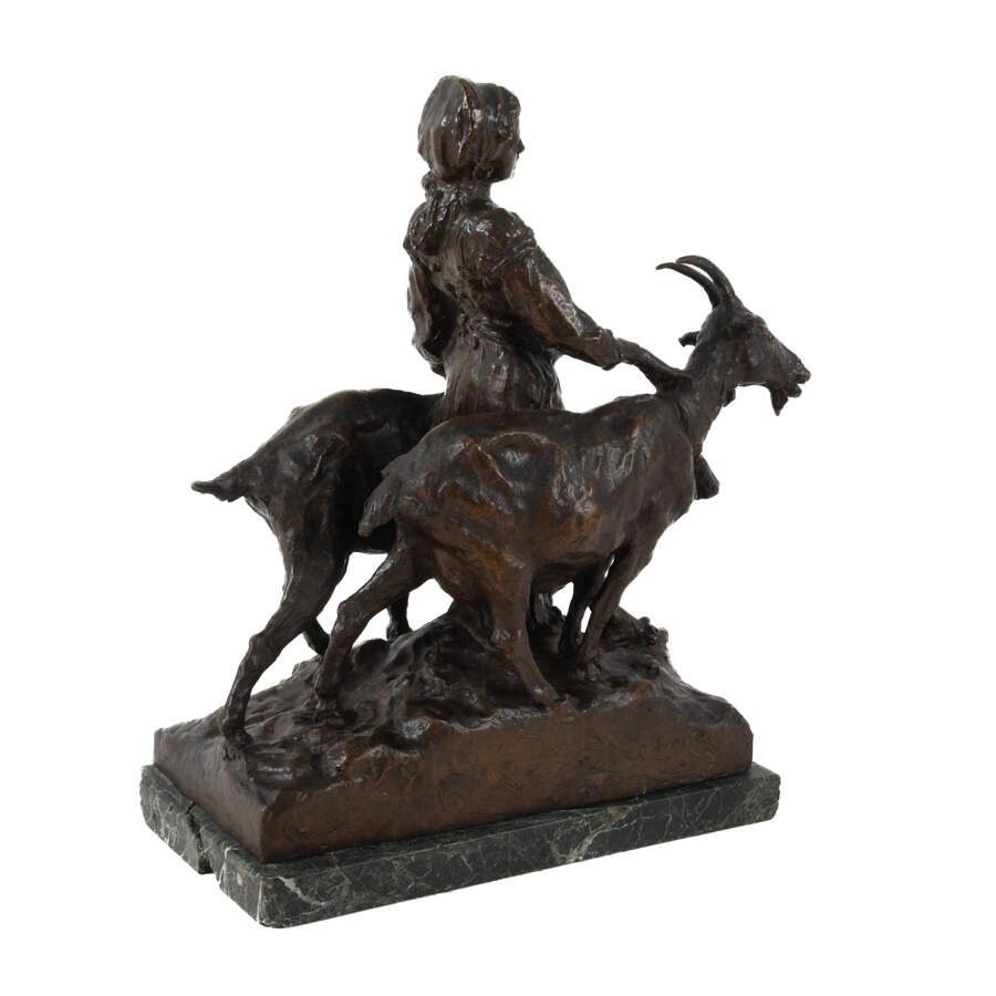 Cesare Biscarra (1866-1973) Bronze European Woman and Goat Statue-6