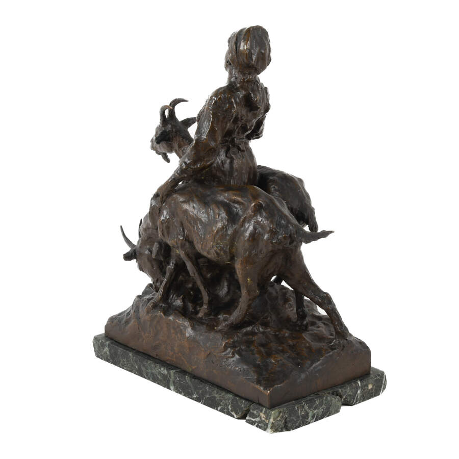Cesare Biscarra (1866-1973) Bronze European Woman and Goat Statue-5