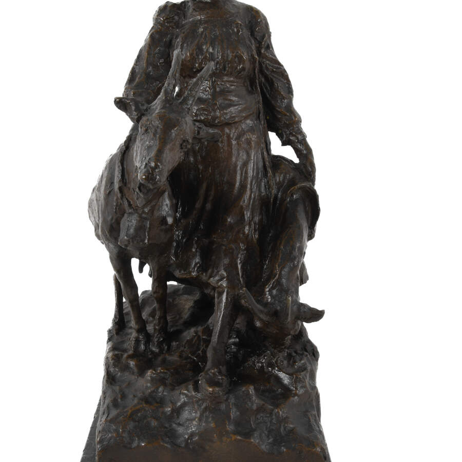 Cesare Biscarra (1866-1973) Bronze European Woman and Goat Statue-3