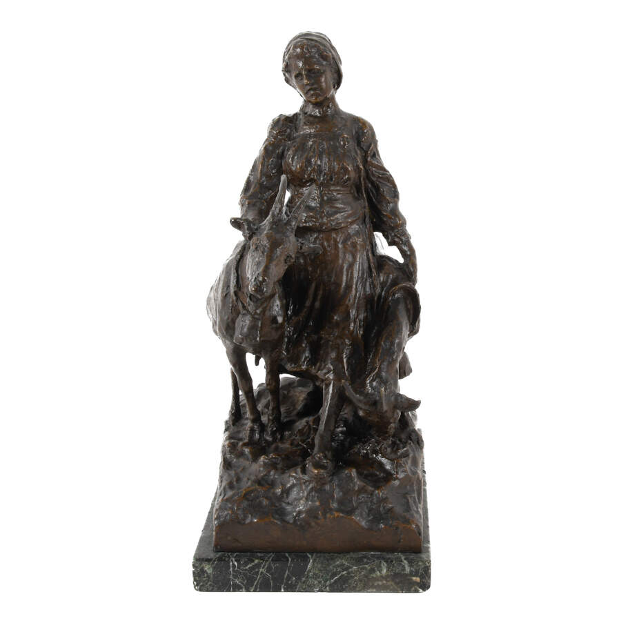 Cesare Biscarra (1866-1973) Bronze European Woman and Goat Statue-1