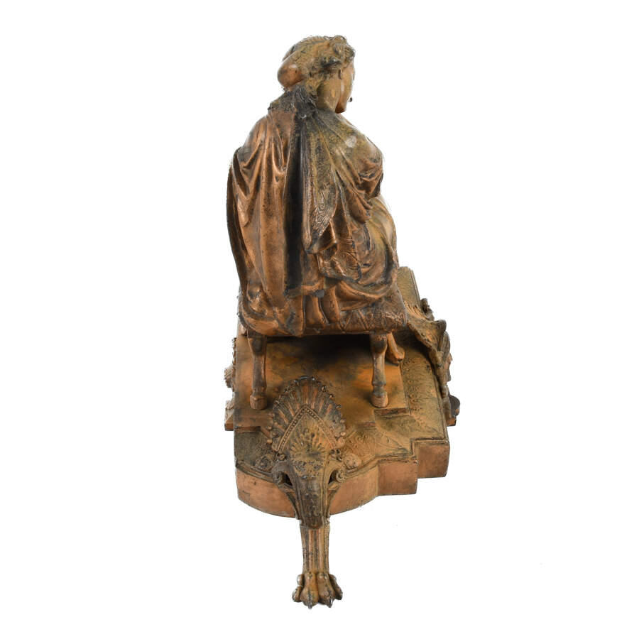 Antique Cast Metal Seated Woman and Harp Mantel Sculpture-7