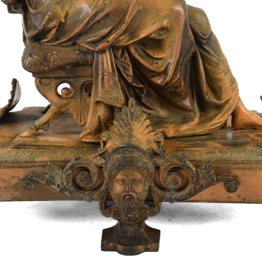 Antique Cast Metal Seated Woman and Harp Mantel Sculpture-3