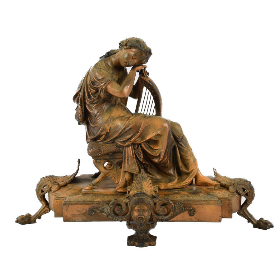 Antique Cast Metal Seated Woman and Harp Mantel Sculpture-1