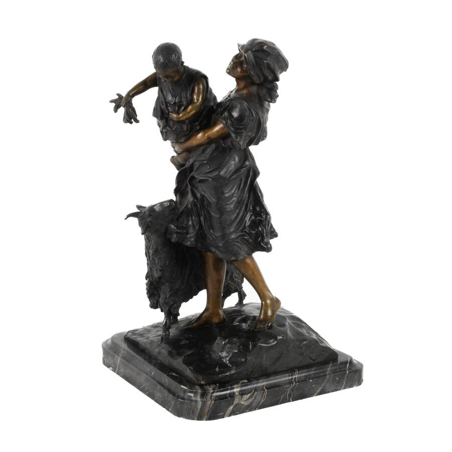 Bronze Mother and Child Figure on a Marble Base-6