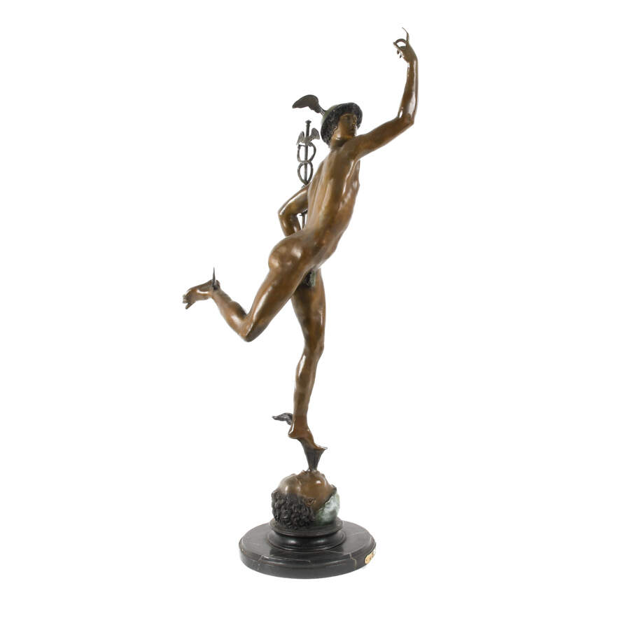 Bronze Flying Mercury Statue on Black Marble Base After Giovanni Bologna-8