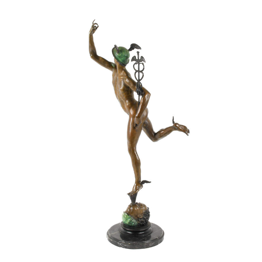 Bronze Flying Mercury Statue on Black Marble Base After Giovanni Bologna-6
