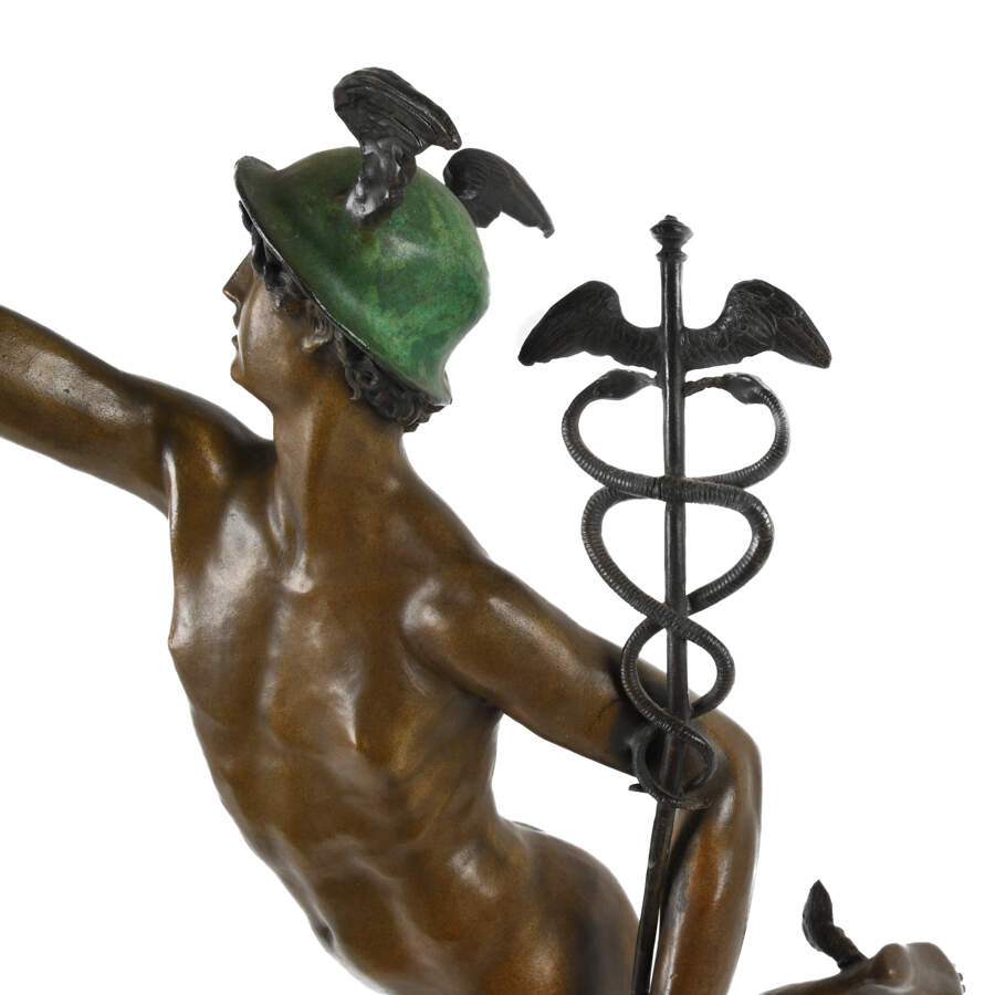 Bronze Flying Mercury Statue on Black Marble Base After Giovanni Bologna-3
