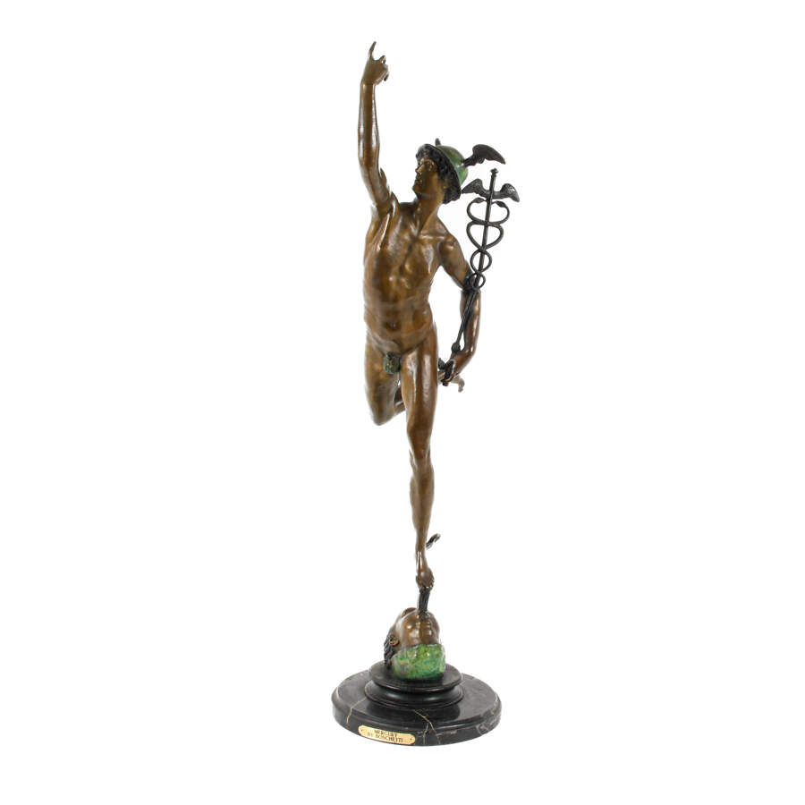 Bronze Flying Mercury Statue on Black Marble Base After Giovanni Bologna-1
