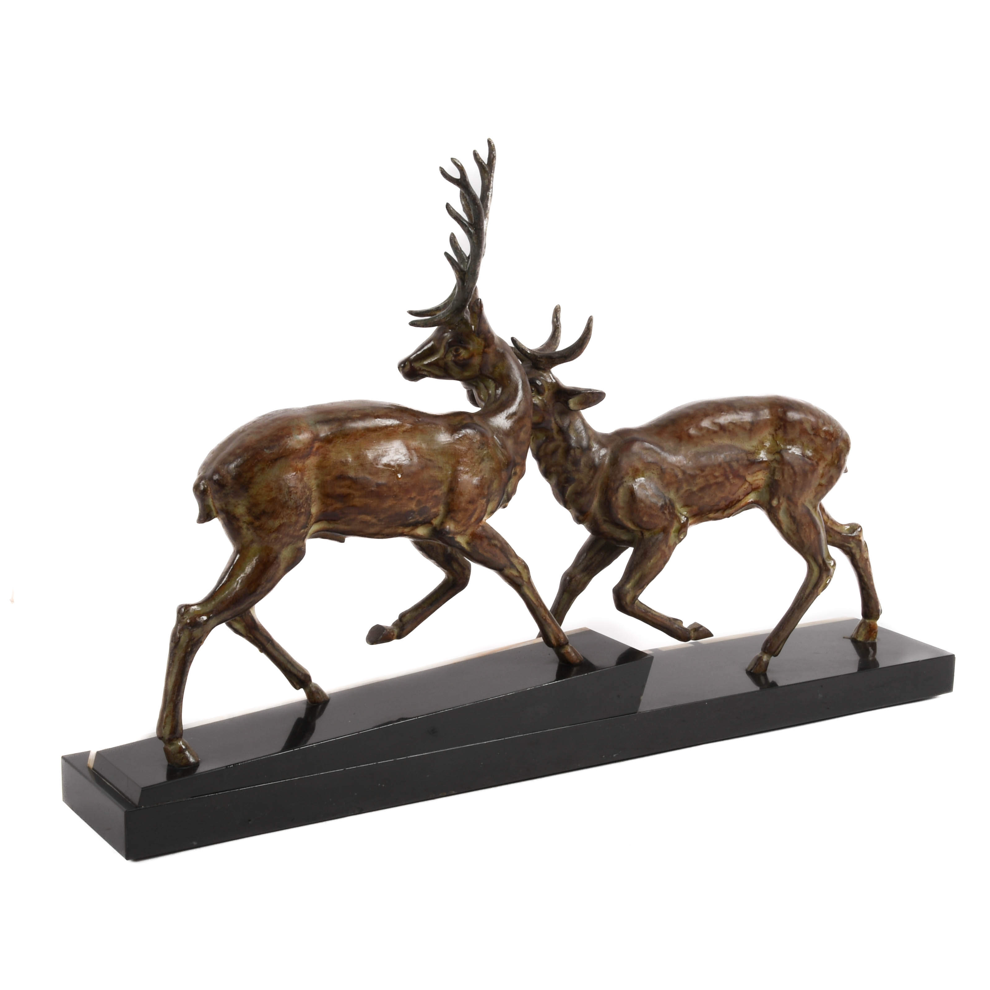 Signed Giiot Art Deco Bronze Leaping Stags on Marble Base-5