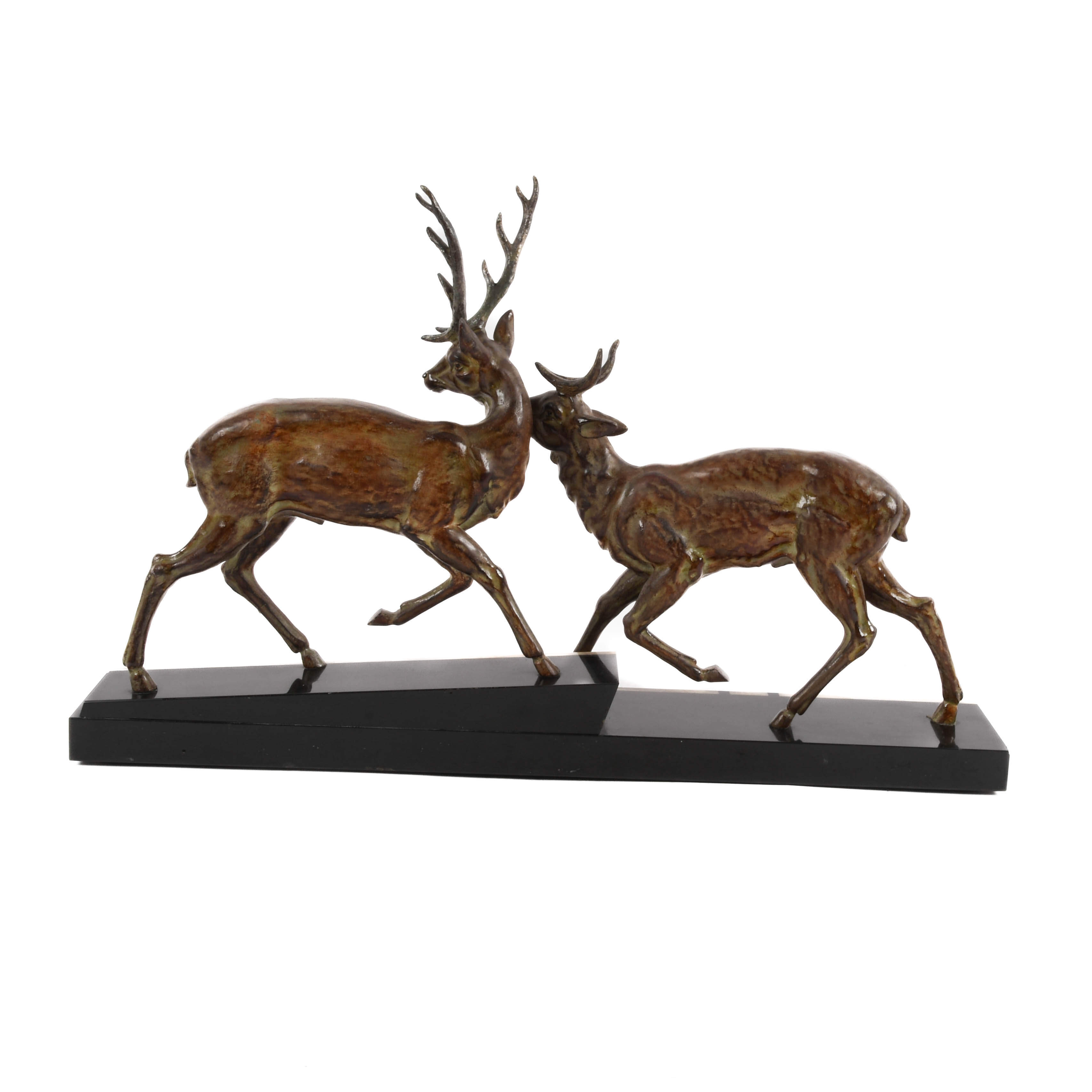 Signed Giiot Art Deco Bronze Leaping Stags on Marble Base-4