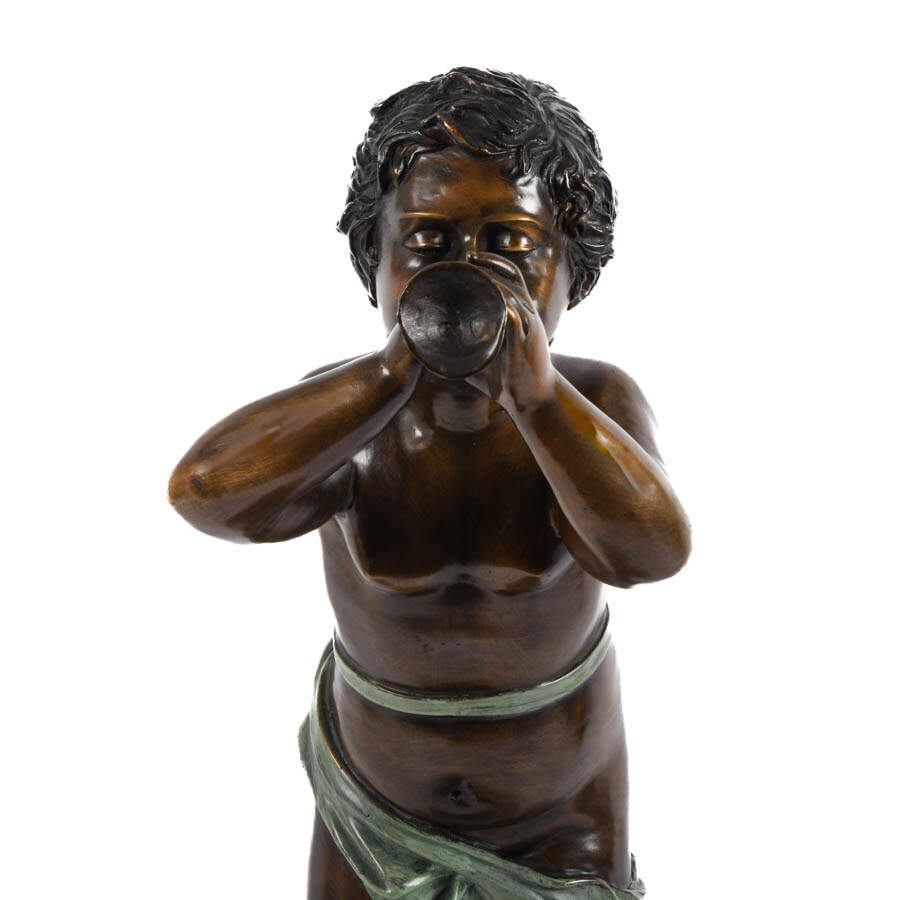 Bronze Boy Figure on Marble Base Blowing a Bugle-2