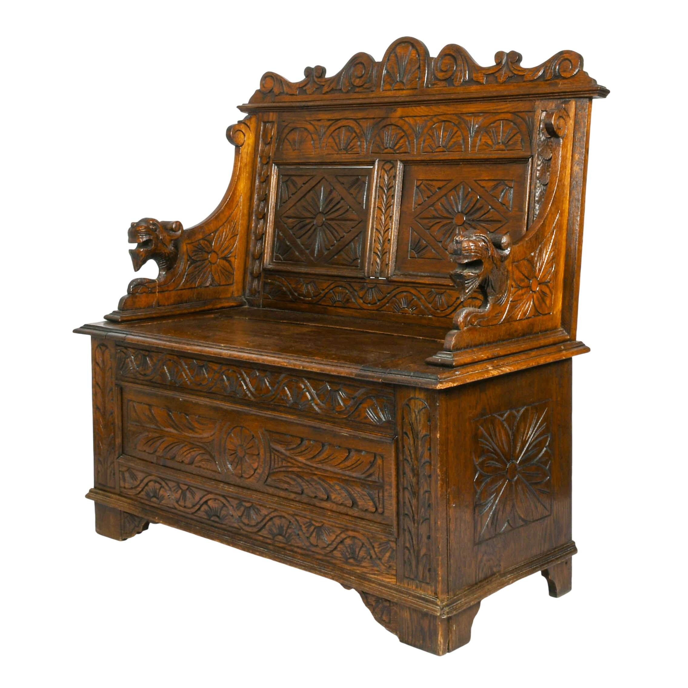 Antique English Settee Storage Bench in the Renaissance Revival-Style-2