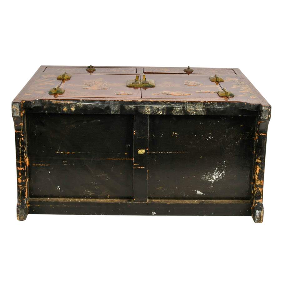 Chinese Red Lacquer Cabinet with Hand-Painted Landscape Scenes-13