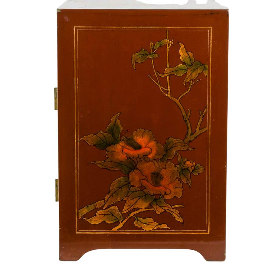 Chinese Red Lacquer Cabinet with Hand-Painted Landscape Scenes-3