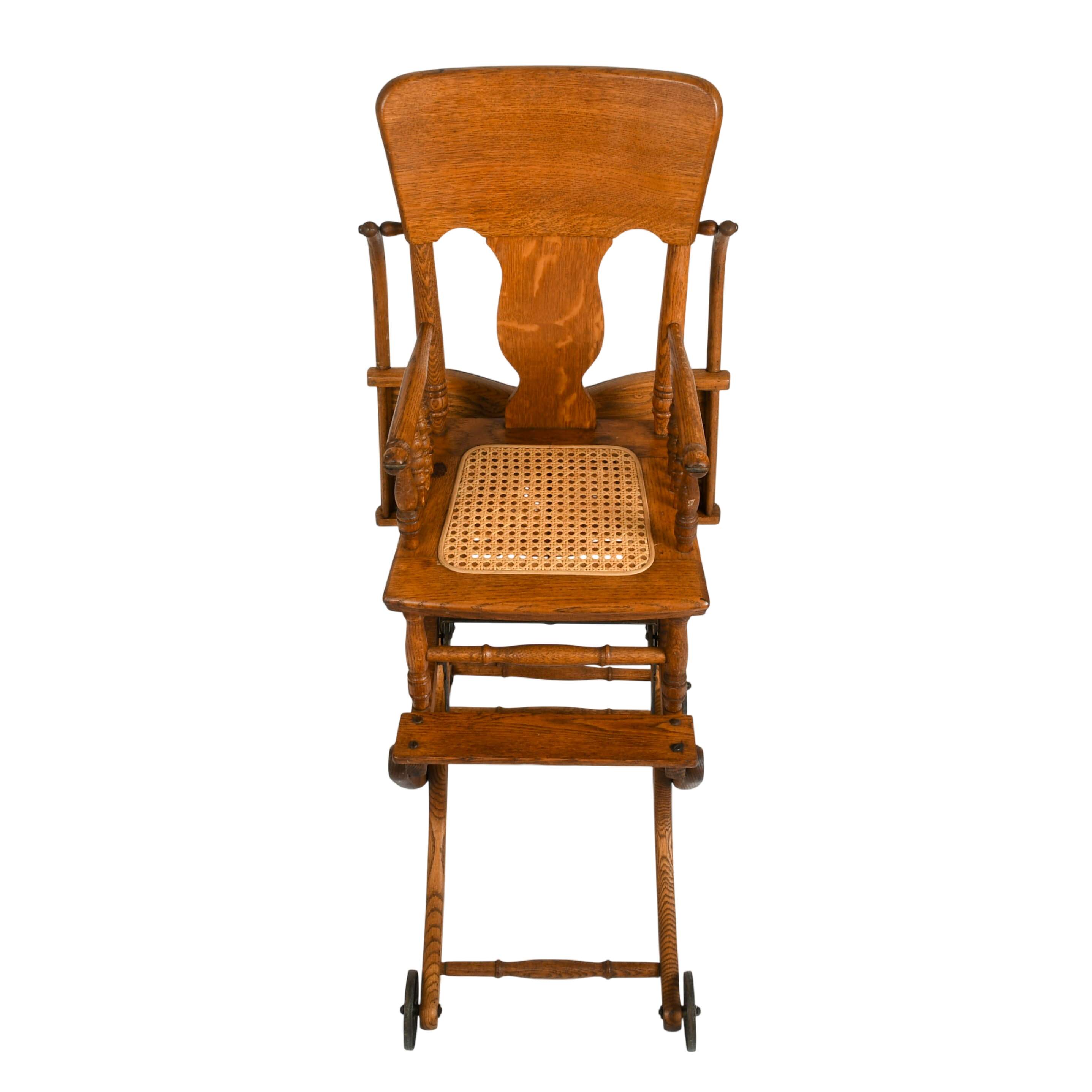 Antique Victorian Oak Pressed Back Convertible Highchair Stroller-8
