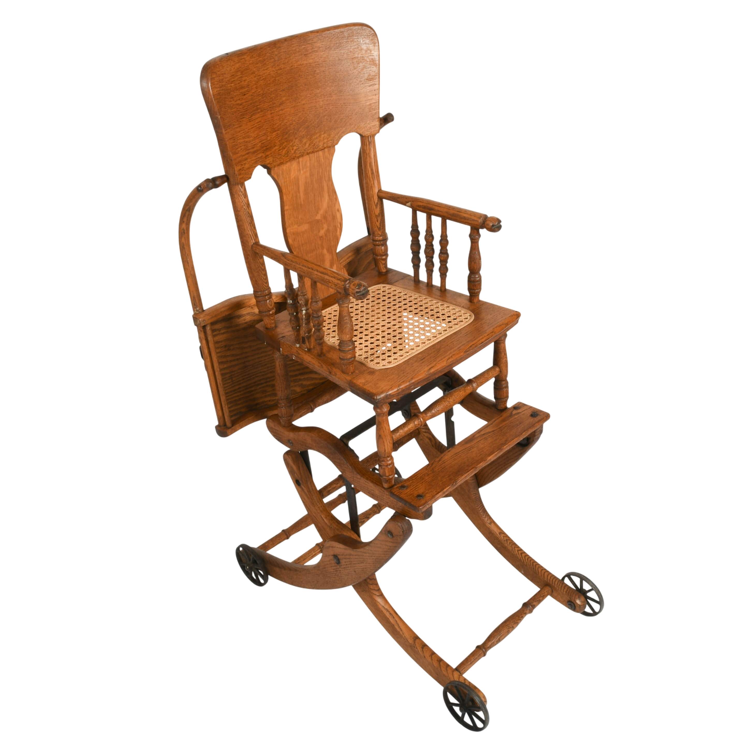 Antique Victorian Oak Pressed Back Convertible Highchair Stroller-7