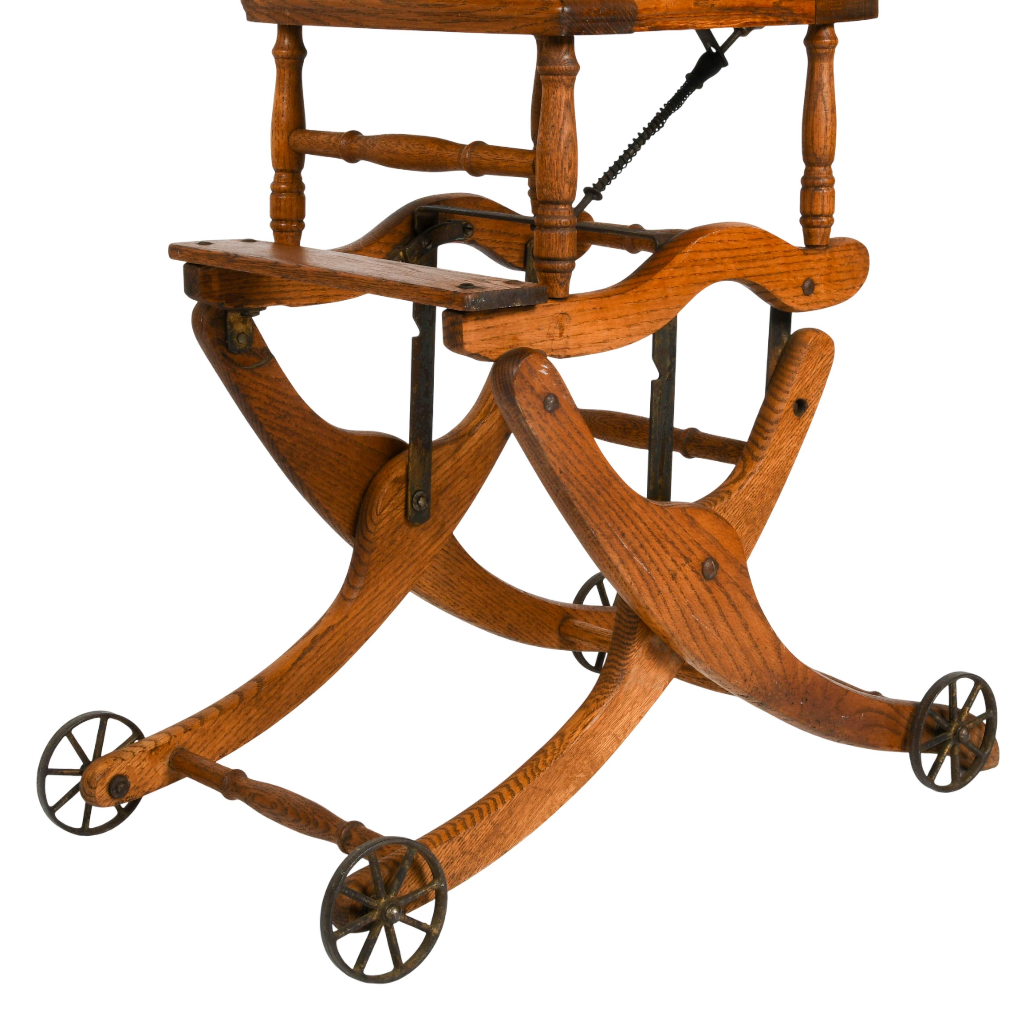 Antique Victorian Oak Pressed Back Convertible Highchair Stroller-4