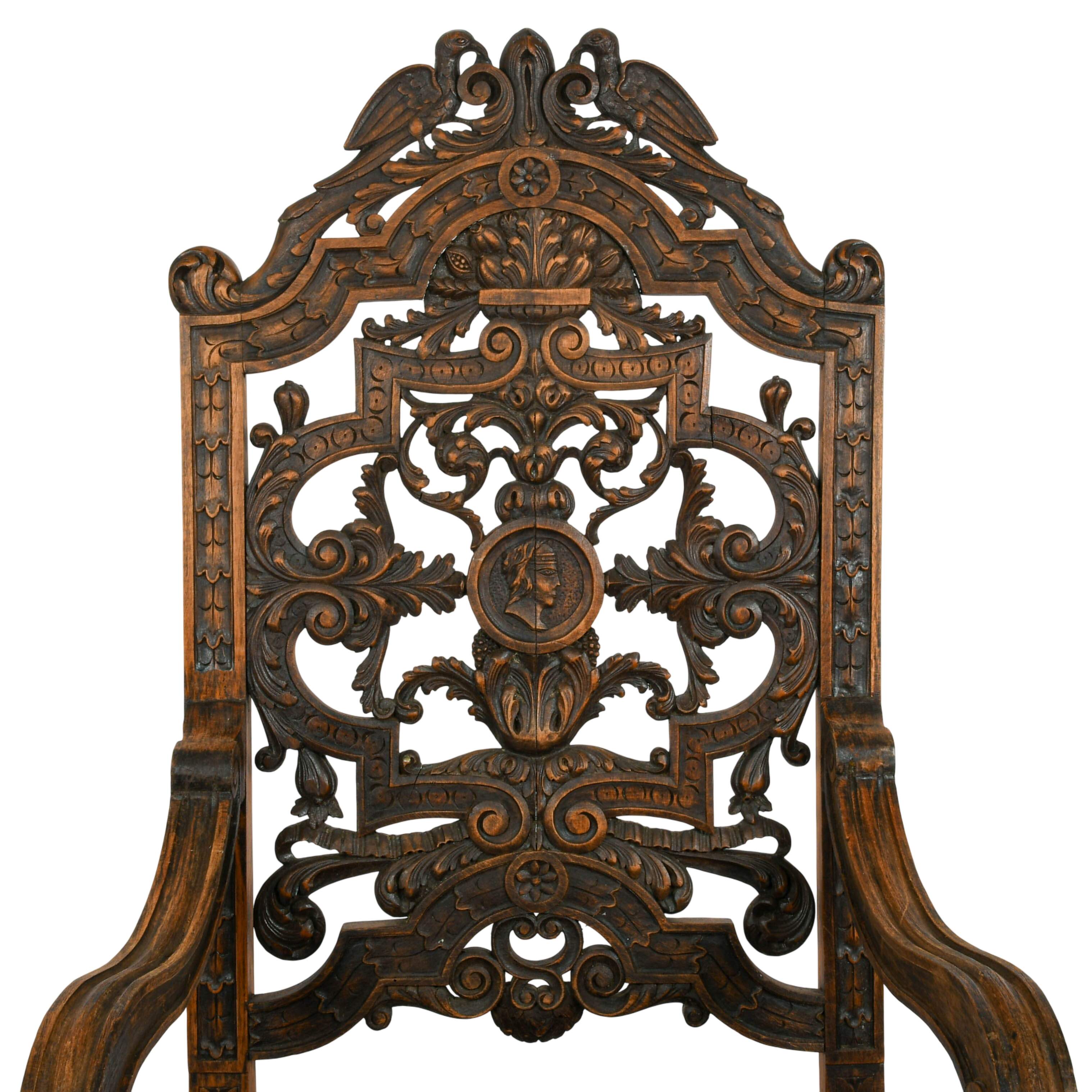 Antique Pair of Carved Walnut Jacobean Throne Chairs-5