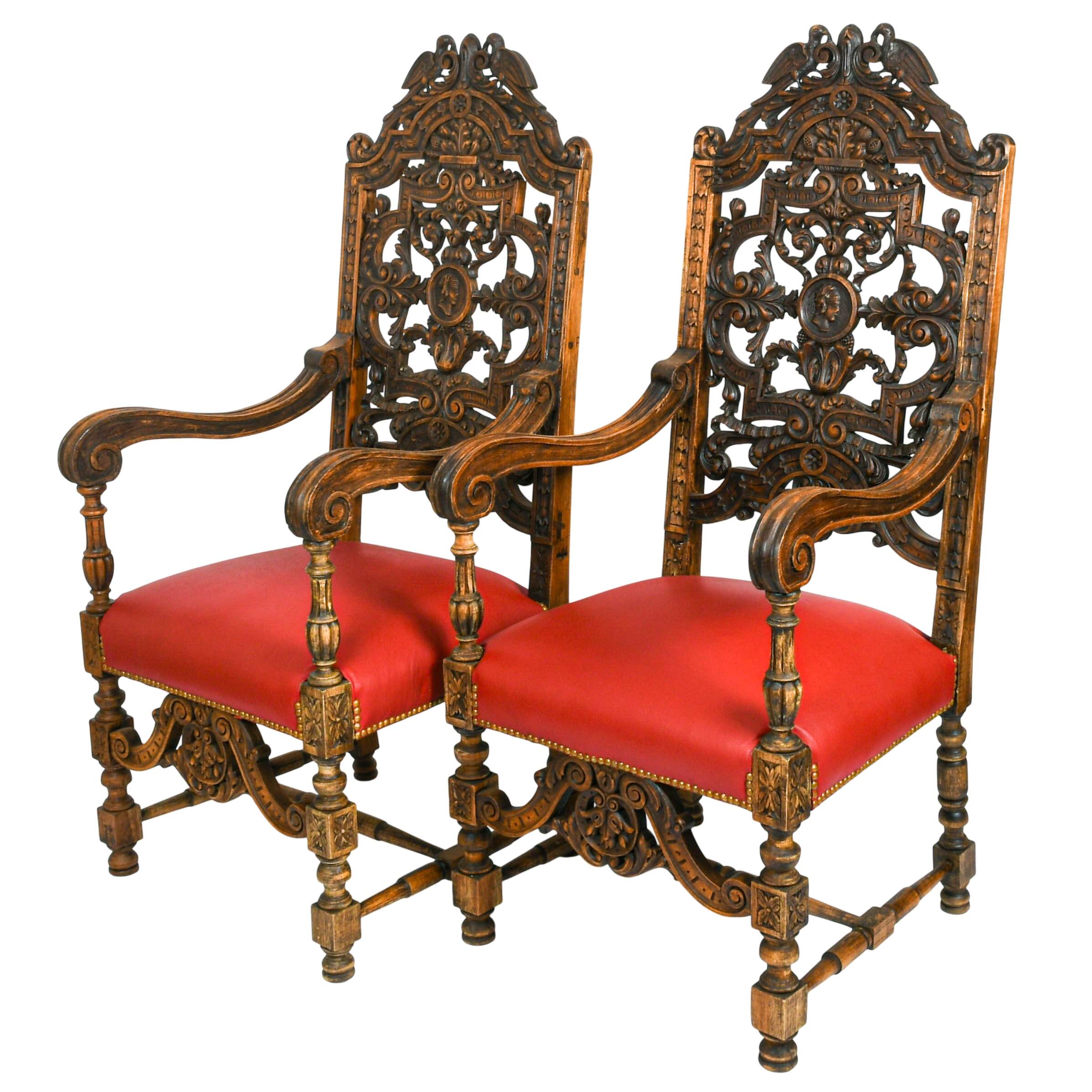 Antique Pair of Carved Walnut Jacobean Throne Chairs-2