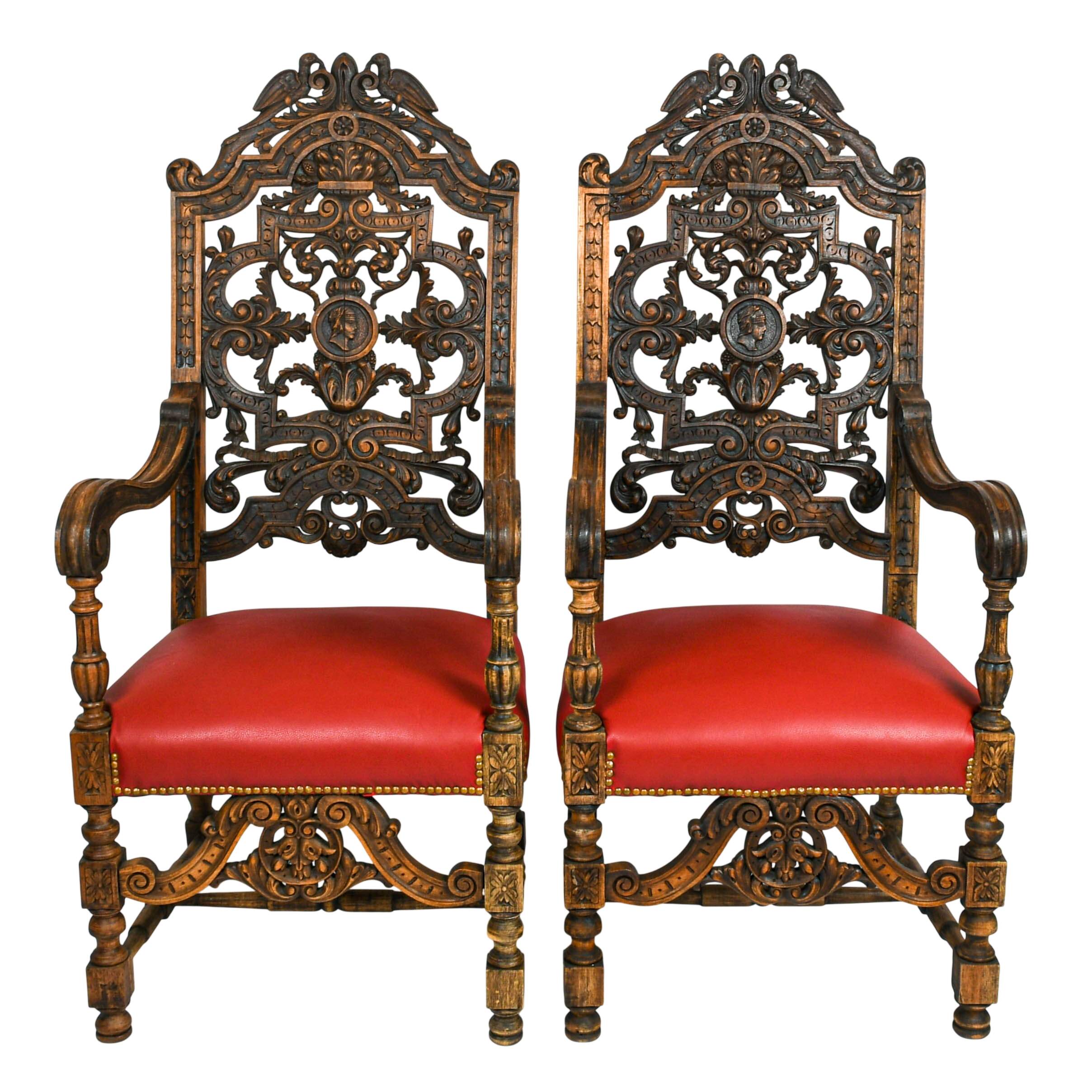 Antique Pair of Carved Walnut Jacobean Throne Chairs-1