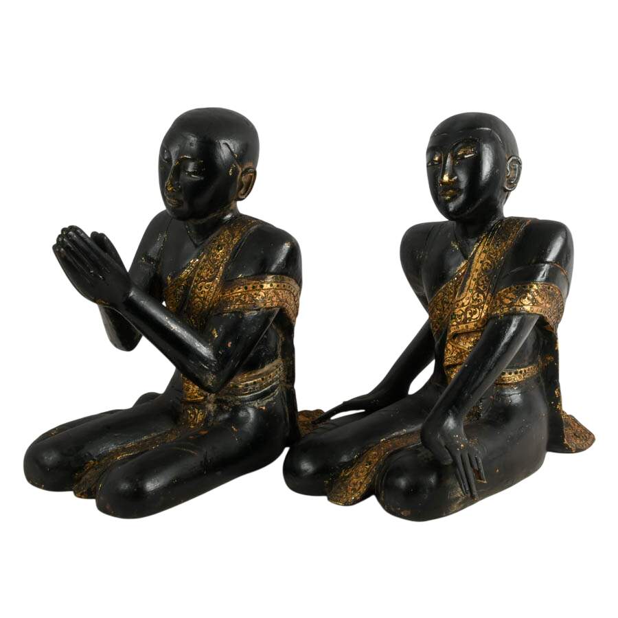Antique Pair of Carved Wood Burmese Monk Statues-2