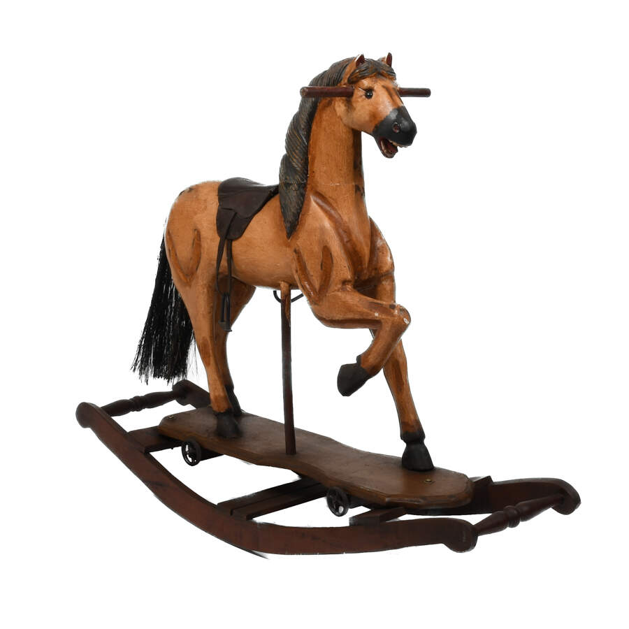 Carved Folk Art-Style Wooden Rocking Horse-5