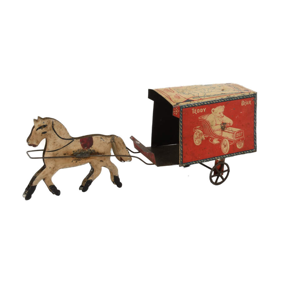 Antique German "Teddy Bear" Friction Tin Horse and Carriage Toy-5