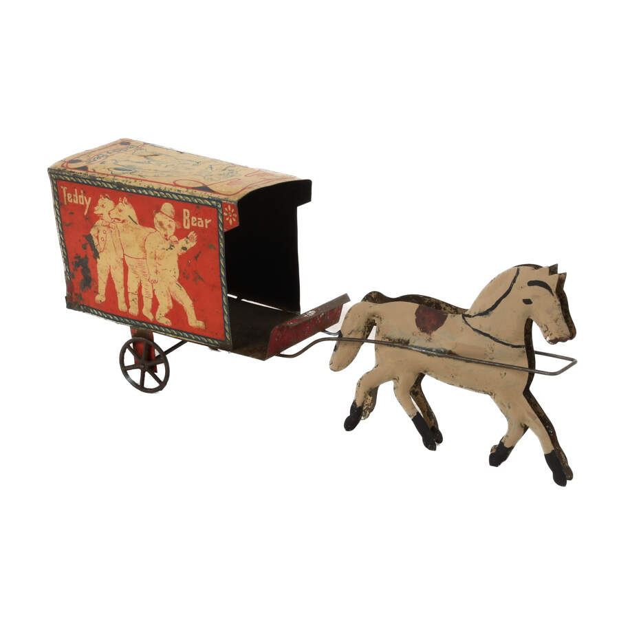 Antique German "Teddy Bear" Friction Tin Horse and Carriage Toy-4