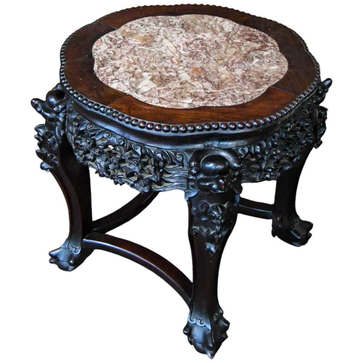 Antique Chinese Hand-Carved Rosewood and Pink Marble Top Table-3
