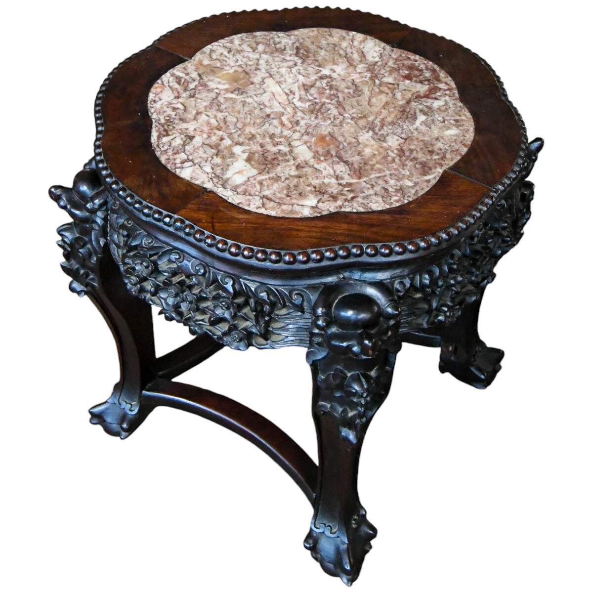Antique Chinese Hand-Carved Rosewood and Pink Marble Top Table-2