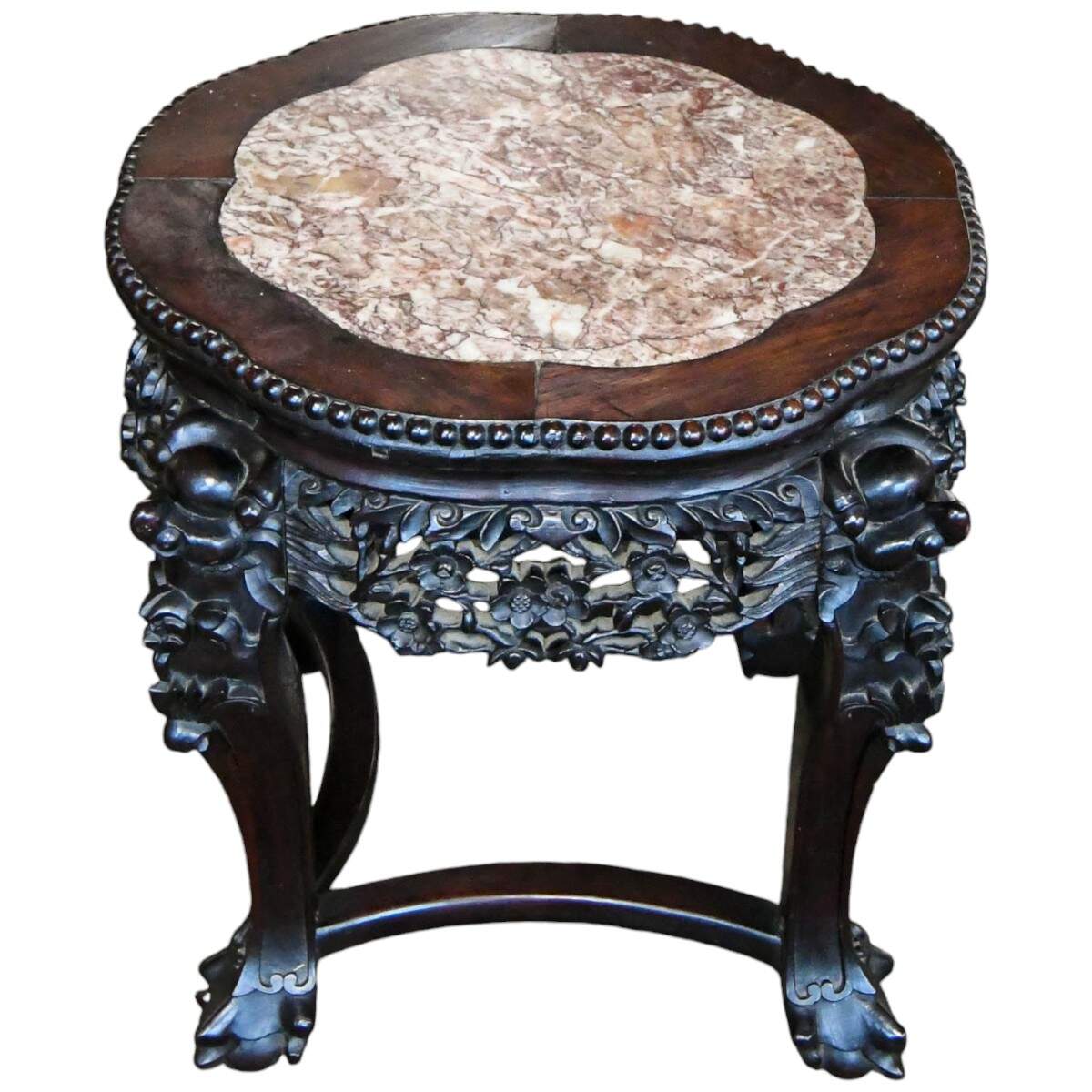 Antique Chinese Hand-Carved Rosewood and Pink Marble Top Table-1