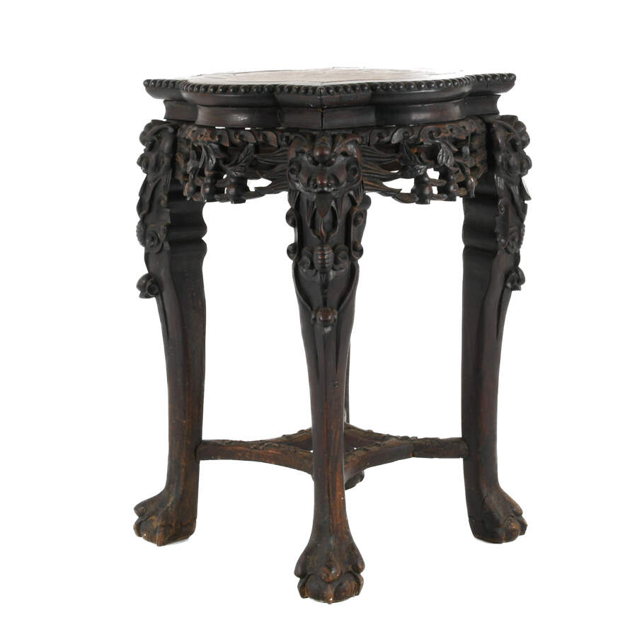 Antique Chinese Zhi Wood Carved Marble Top Inset Table-2