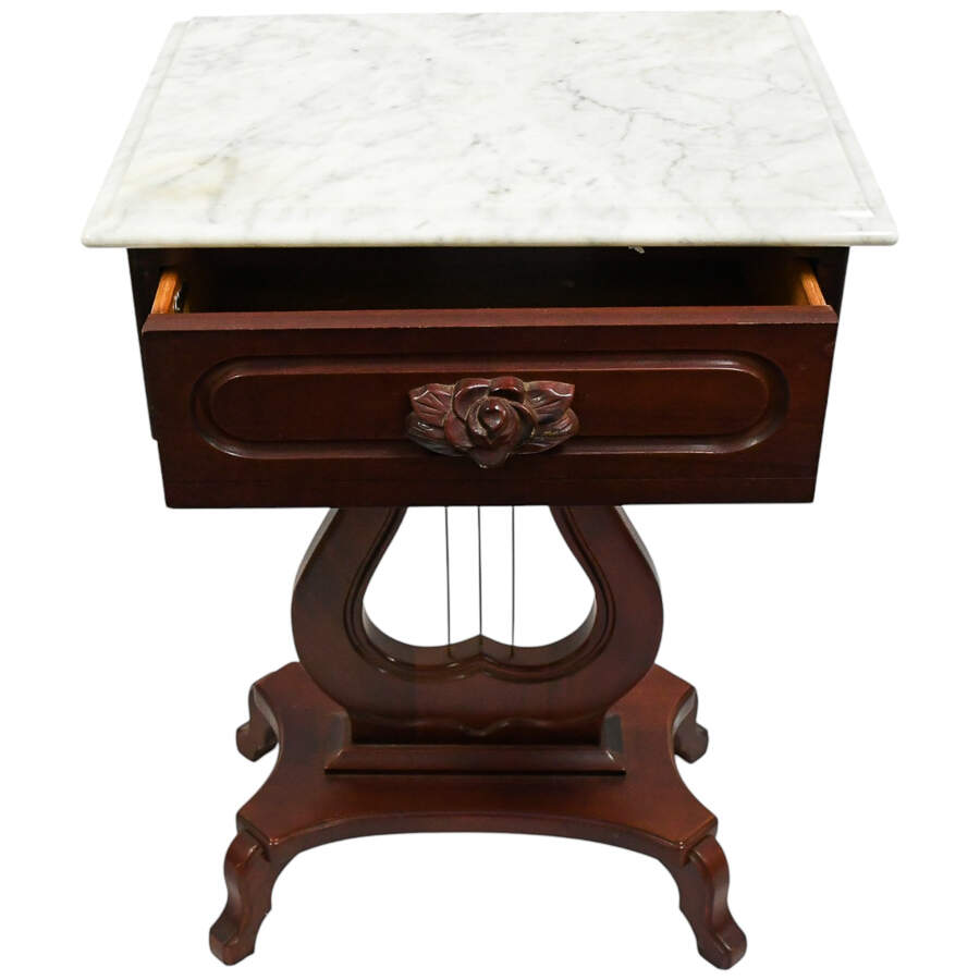 Pair of 1940s Kimball Wood Empire Style Lyra Side Tables with Marble Tops-11