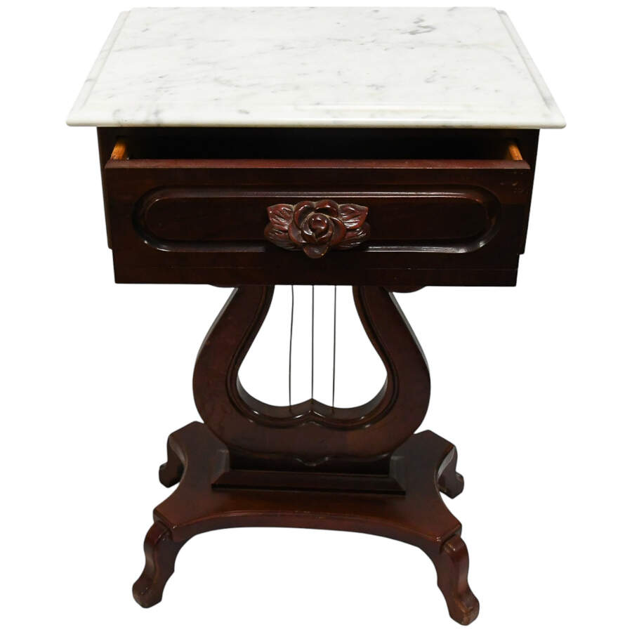 Pair of 1940s Kimball Wood Empire Style Lyra Side Tables with Marble Tops-10