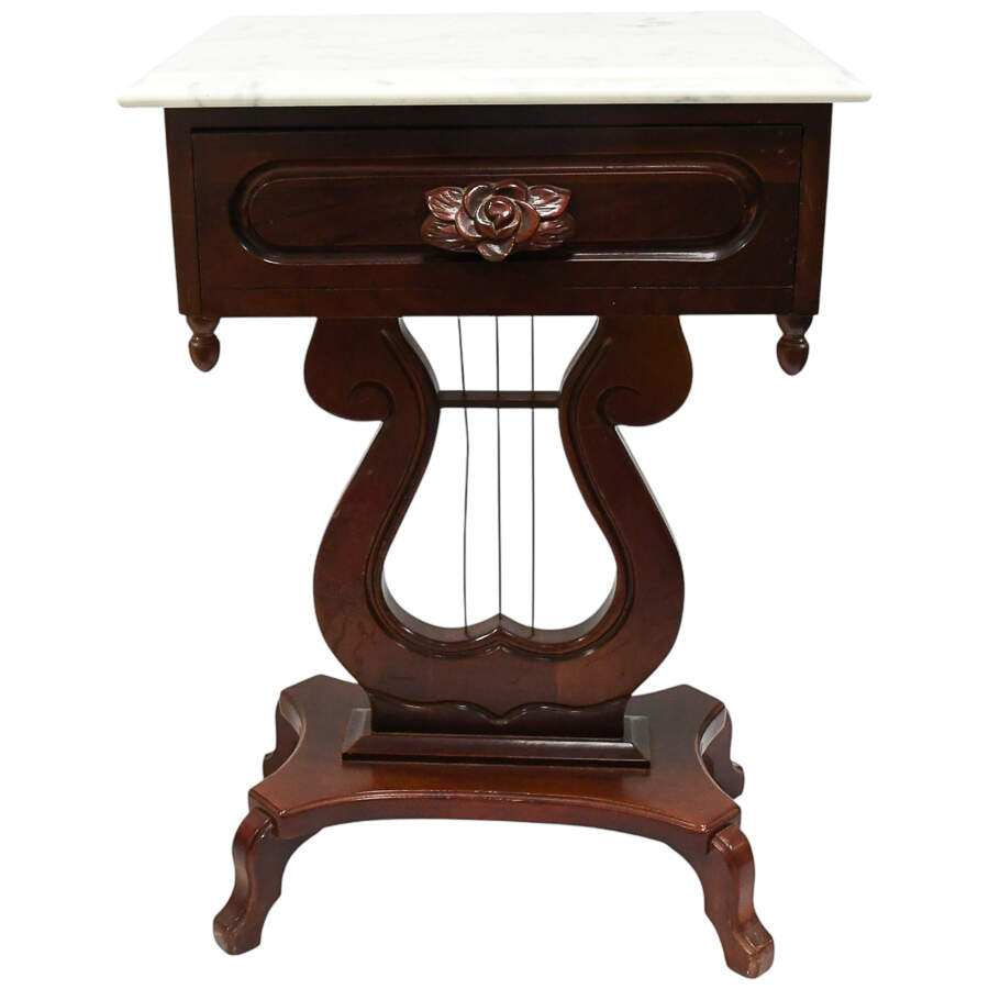 Pair of 1940s Kimball Wood Empire Style Lyra Side Tables with Marble Tops-9