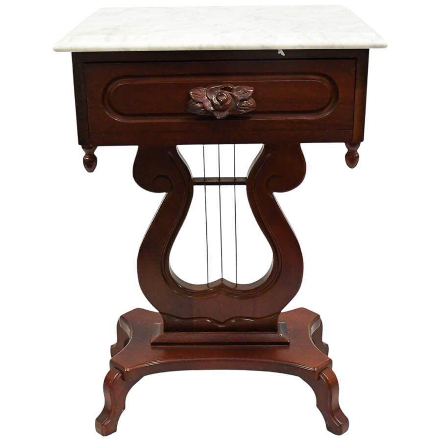 Pair of 1940s Kimball Wood Empire Style Lyra Side Tables with Marble Tops-8