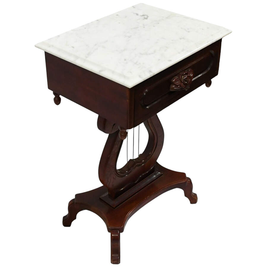 Pair of 1940s Kimball Wood Empire Style Lyra Side Tables with Marble Tops-5