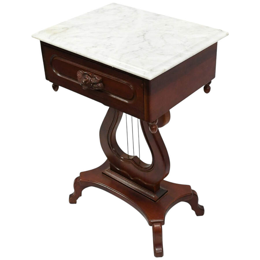 Pair of 1940s Kimball Wood Empire Style Lyra Side Tables with Marble Tops-4