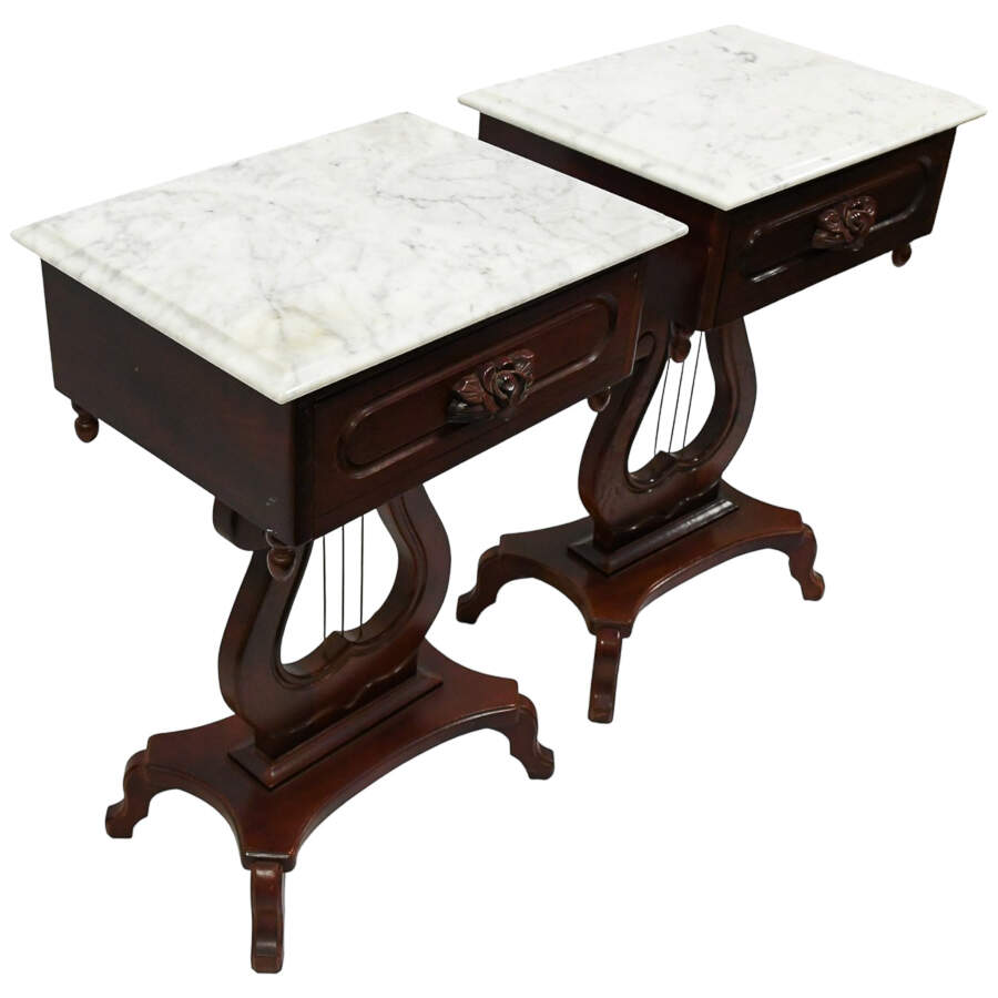 Pair of 1940s Kimball Wood Empire Style Lyra Side Tables with Marble Tops-2