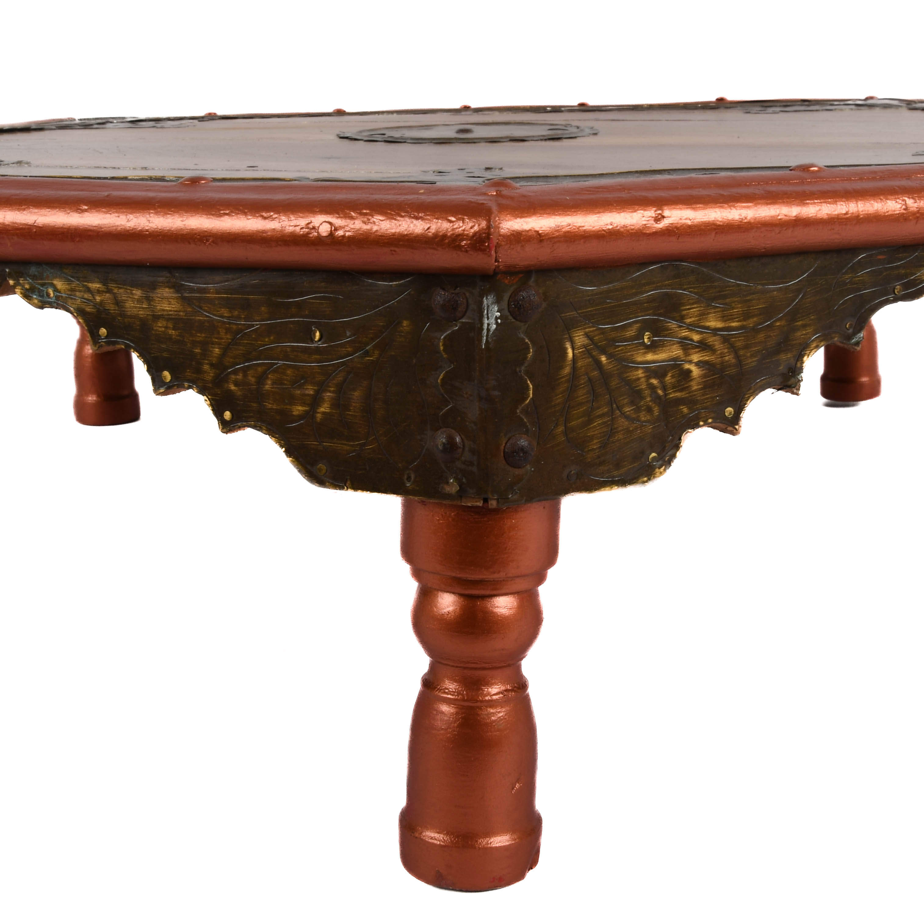 Antique Wooden Indian Coffee Table with Brass Mounts and Painted Trim-5