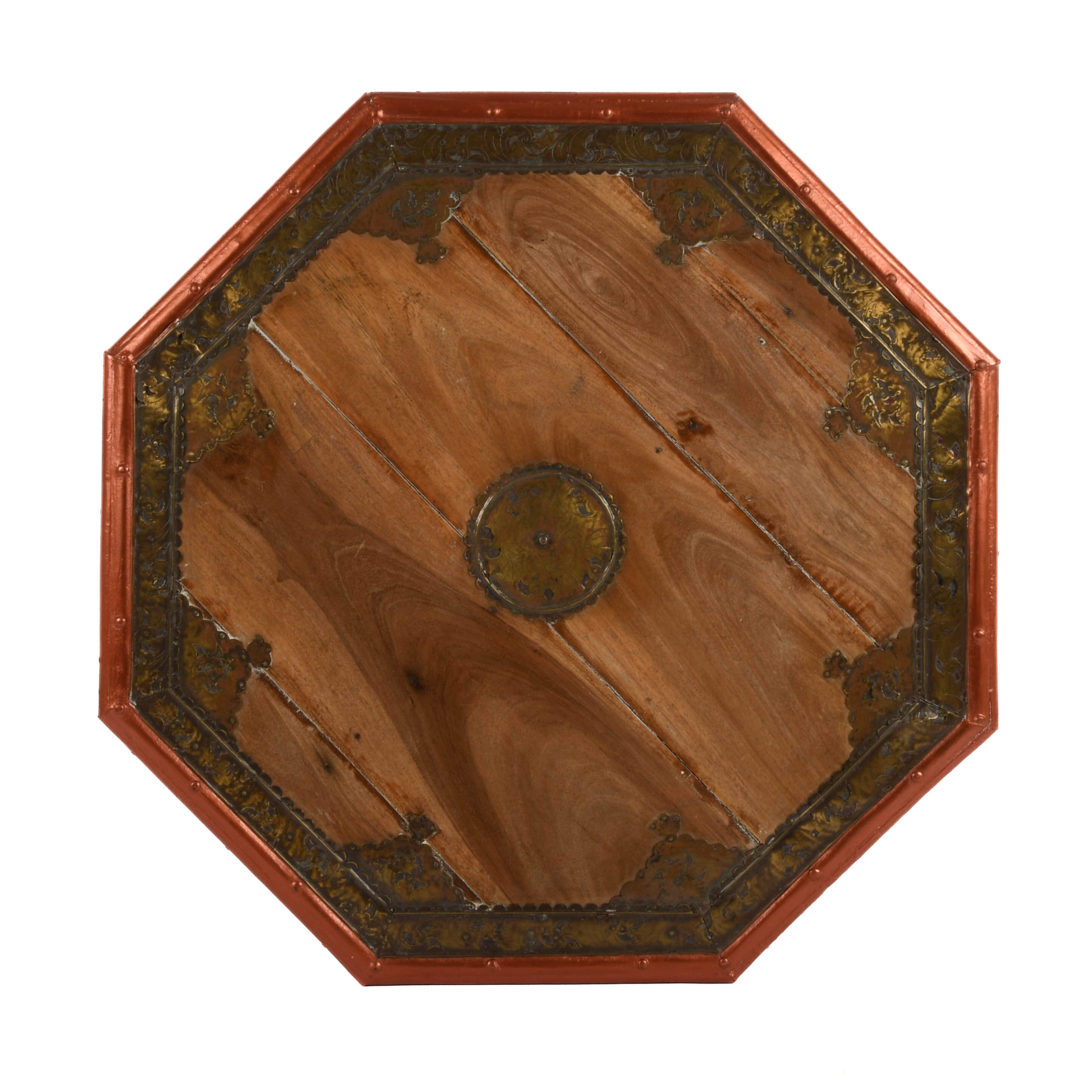 Antique Wooden Indian Coffee Table with Brass Mounts and Painted Trim-2