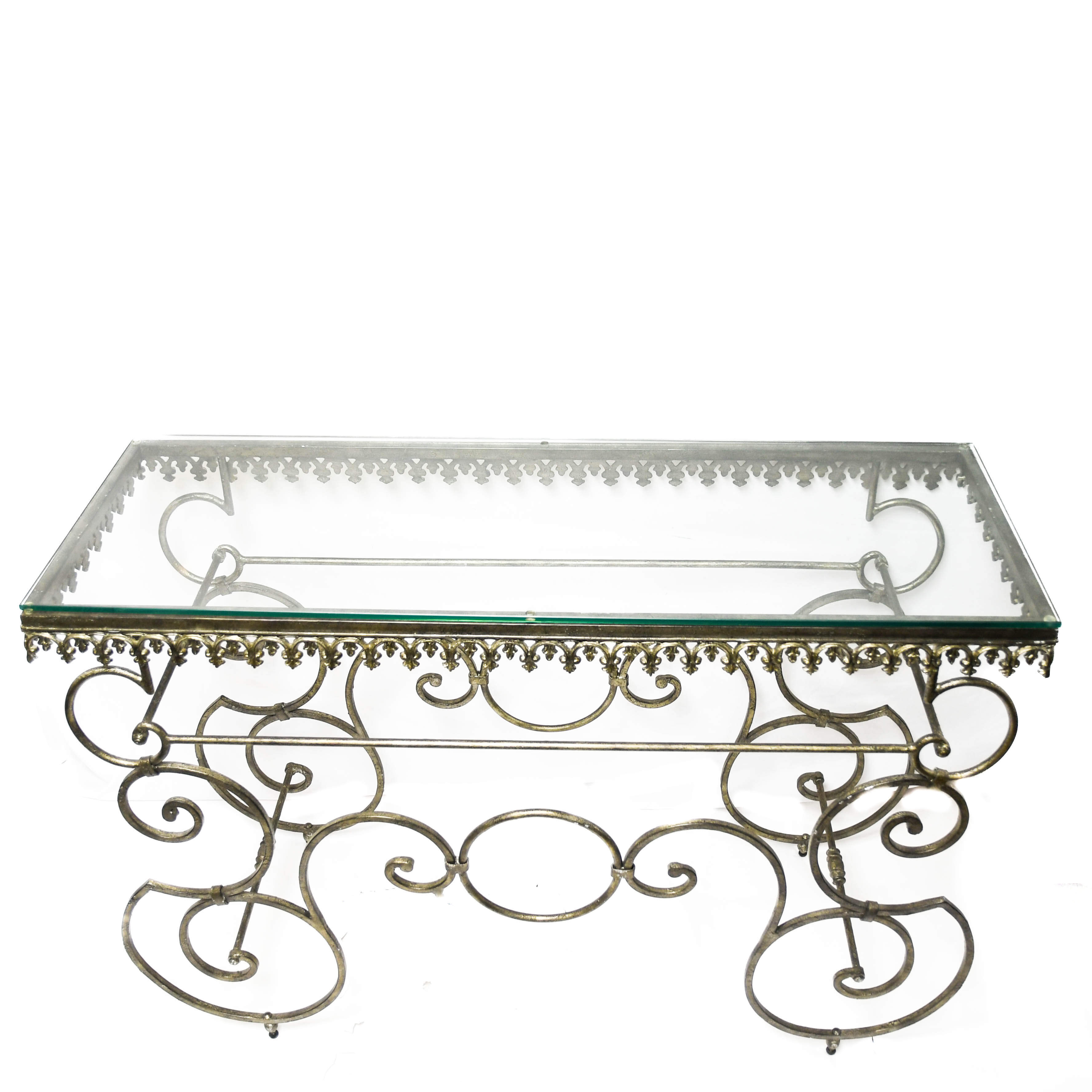 Wrought Iron Look Scroll Console Table with Glass Top-3